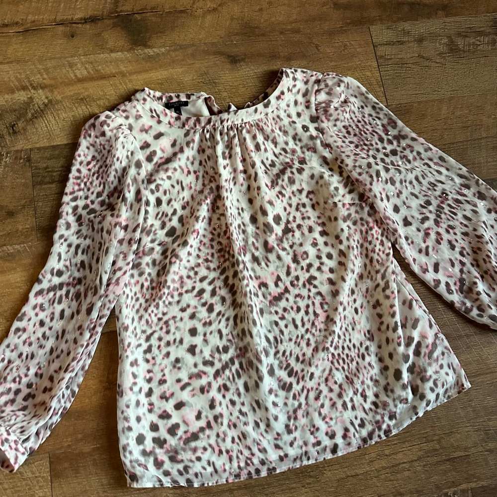 Women's Talbots Petite MP White Pink Leopard Print Blouse